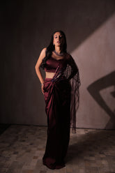 Wine Red Satin Draped Saree with Sequined Tassel Pallu